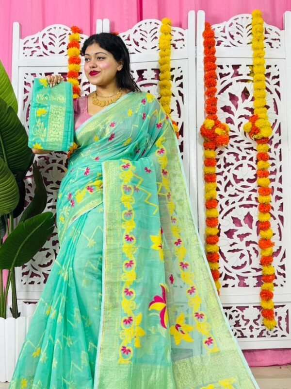 Shiuli Soft Dhakai Jamdani Sari with Blouse Piece - Dusty Teal