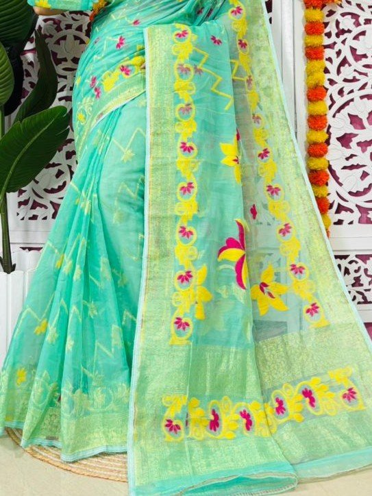 Shiuli Soft Dhakai Jamdani Sari with Blouse Piece - Dusty Teal