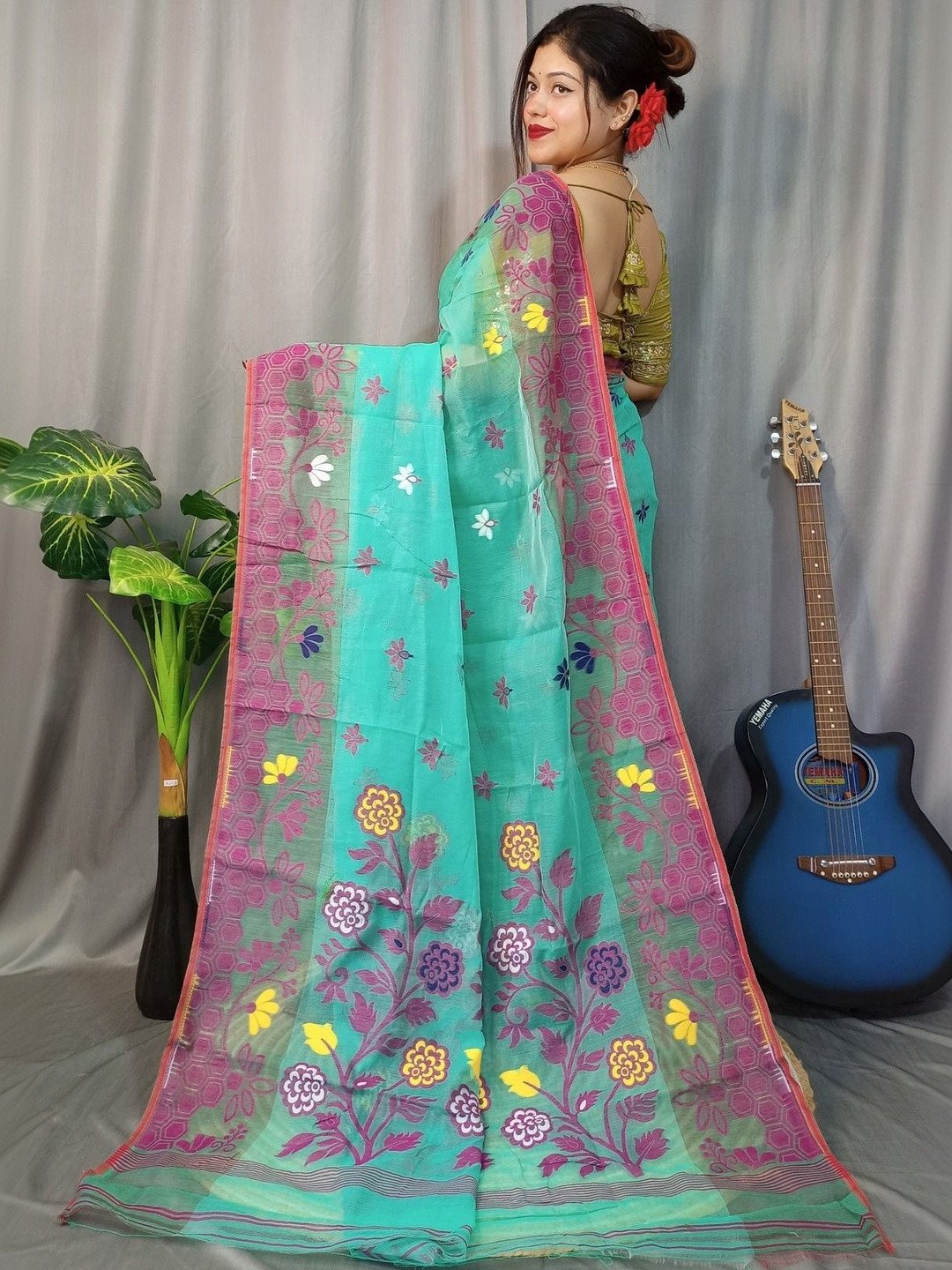 Marigold Soft Greeny Blue Dhakai Jamdani Saree - Image 2