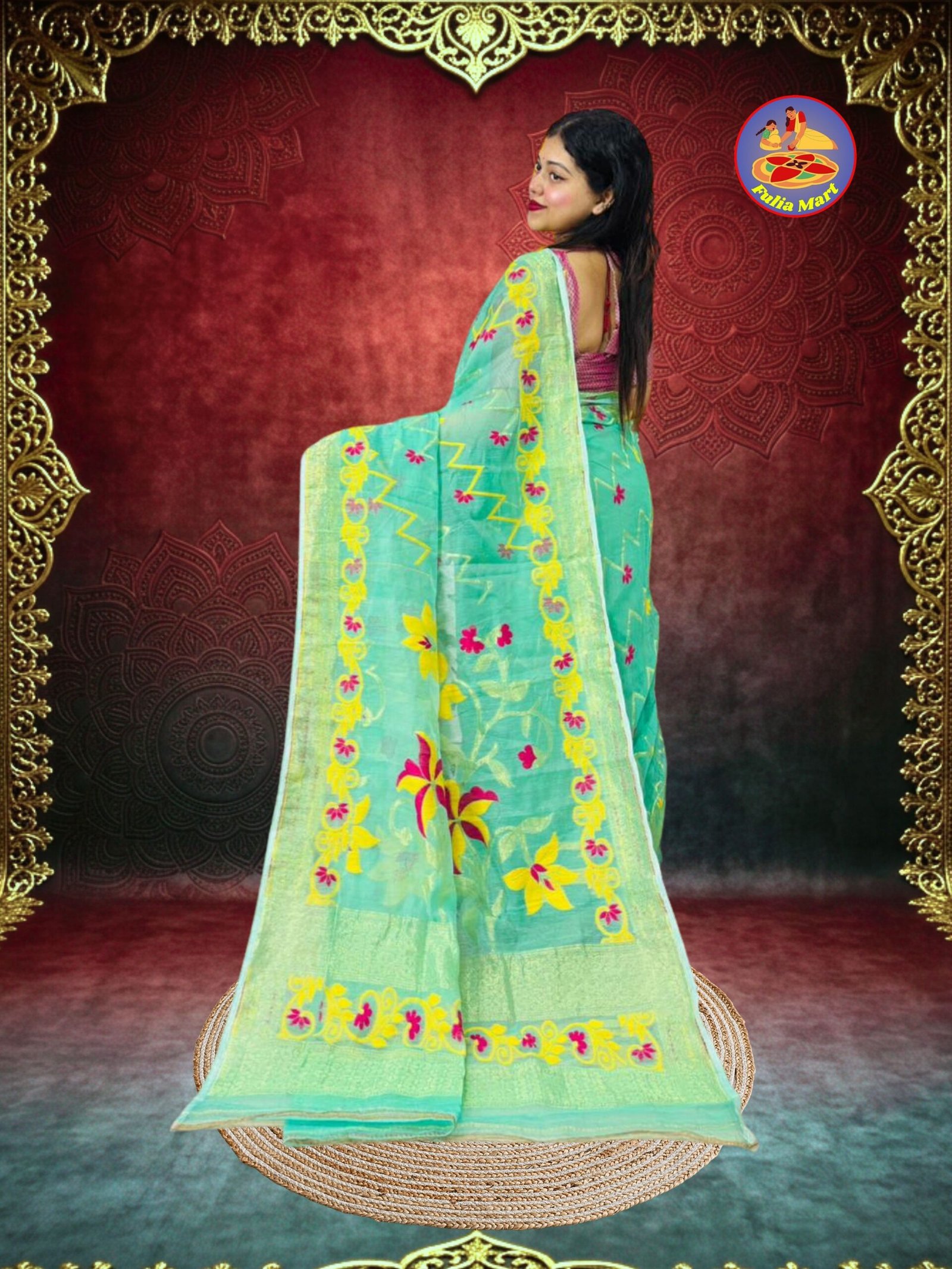 Shiuli Soft Dhakai Jamdani Sari with Blouse Piece - Dusty Teal - Image 3