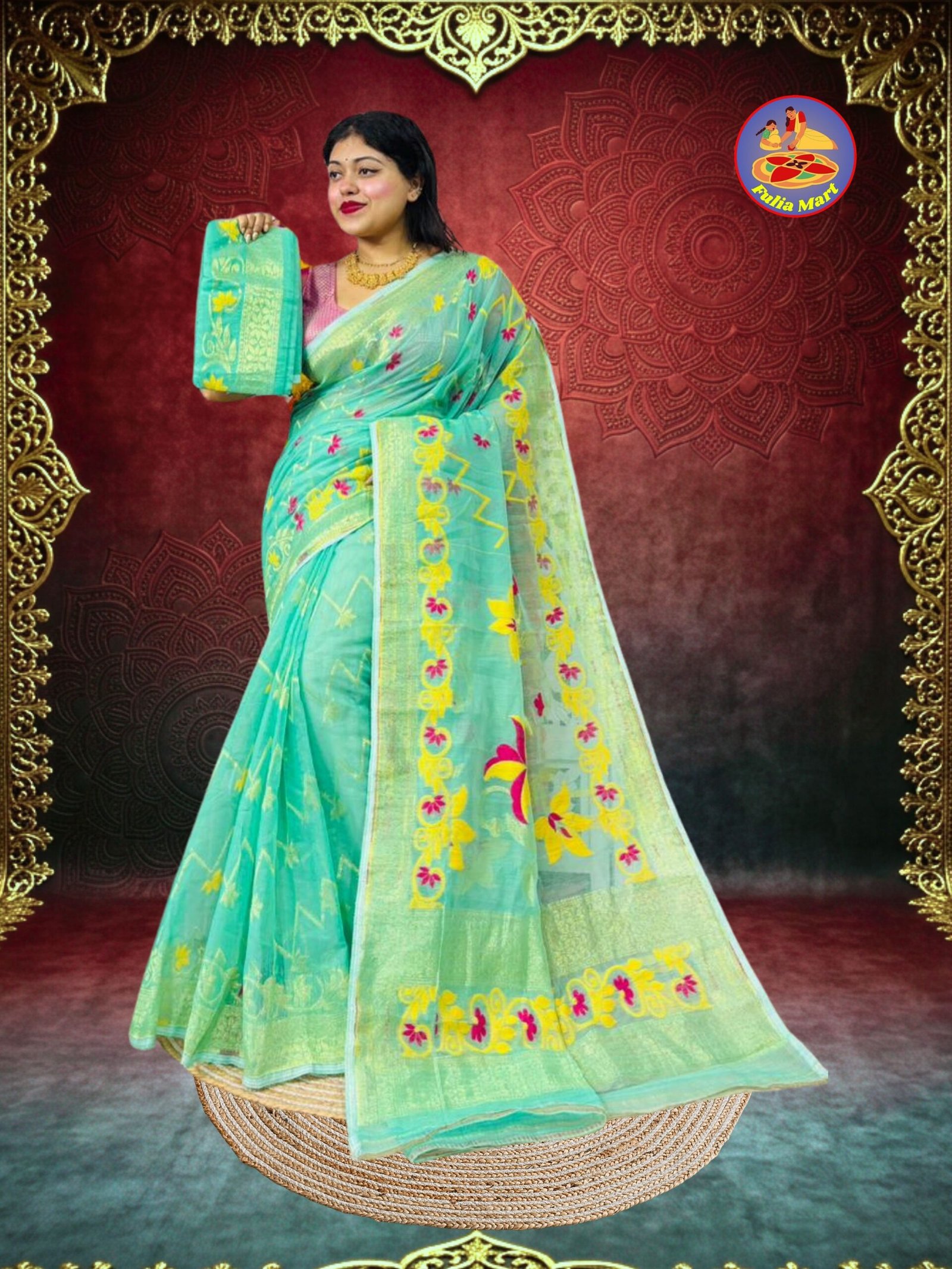Shiuli Soft Dhakai Jamdani Sari with Blouse Piece - Dusty Teal