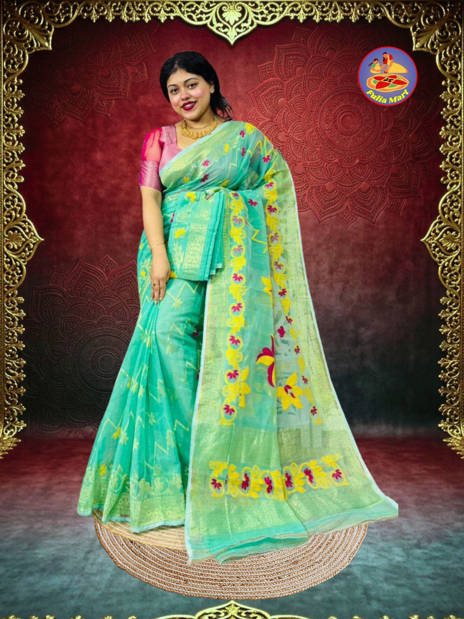 Shiuli Soft Dhakai Jamdani Sari with Blouse Piece - Dusty Teal - Image 2