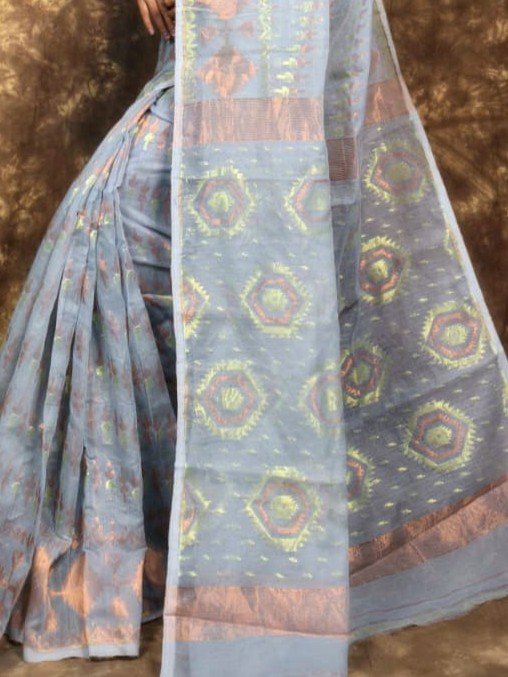Body Mina Soft Zari Work Jamdani Sari with Blouse Piece - Grey