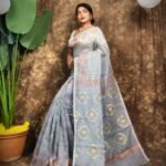 Body Mina Soft Zari Work Jamdani Sari with Blouse Piece - Grey