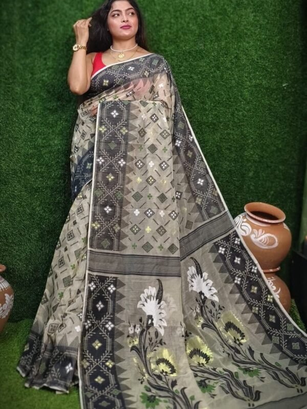 Mushroom Grey Soft Dhakai Jamdani Saree