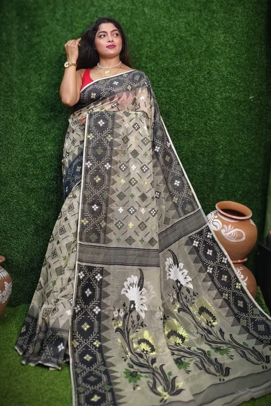 Mushroom Grey Soft Dhakai Jamdani Saree