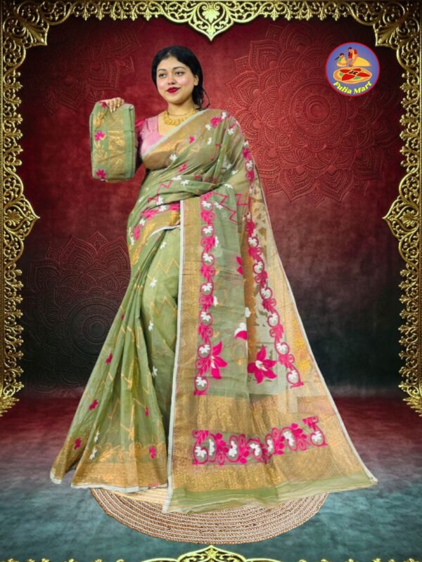 Shiuli Soft Dhakai Jamdani Sari with Blouse Piece - Greenish Grey