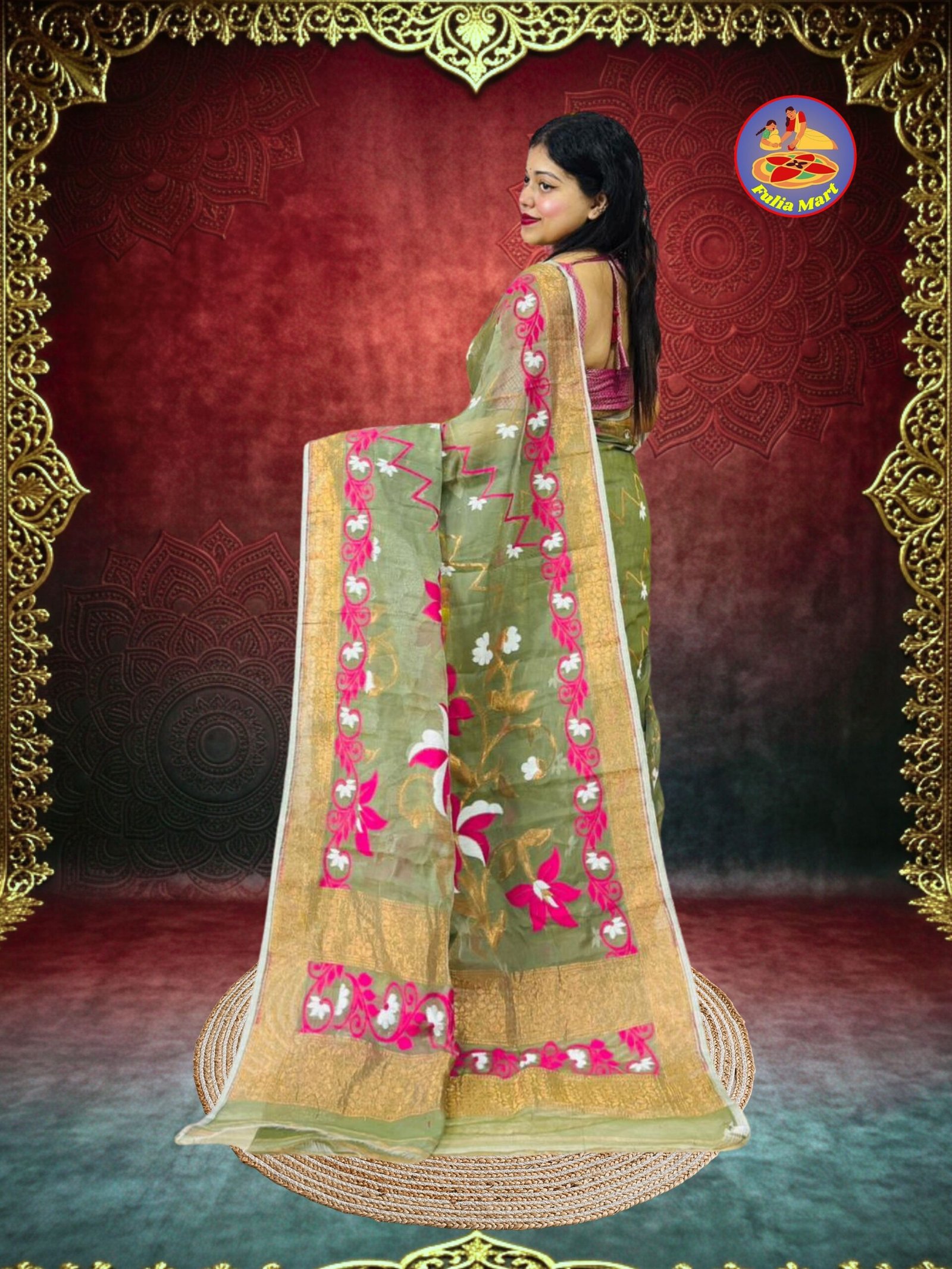 Shiuli Soft Dhakai Jamdani Sari with Blouse Piece - Greenish Grey - Image 3
