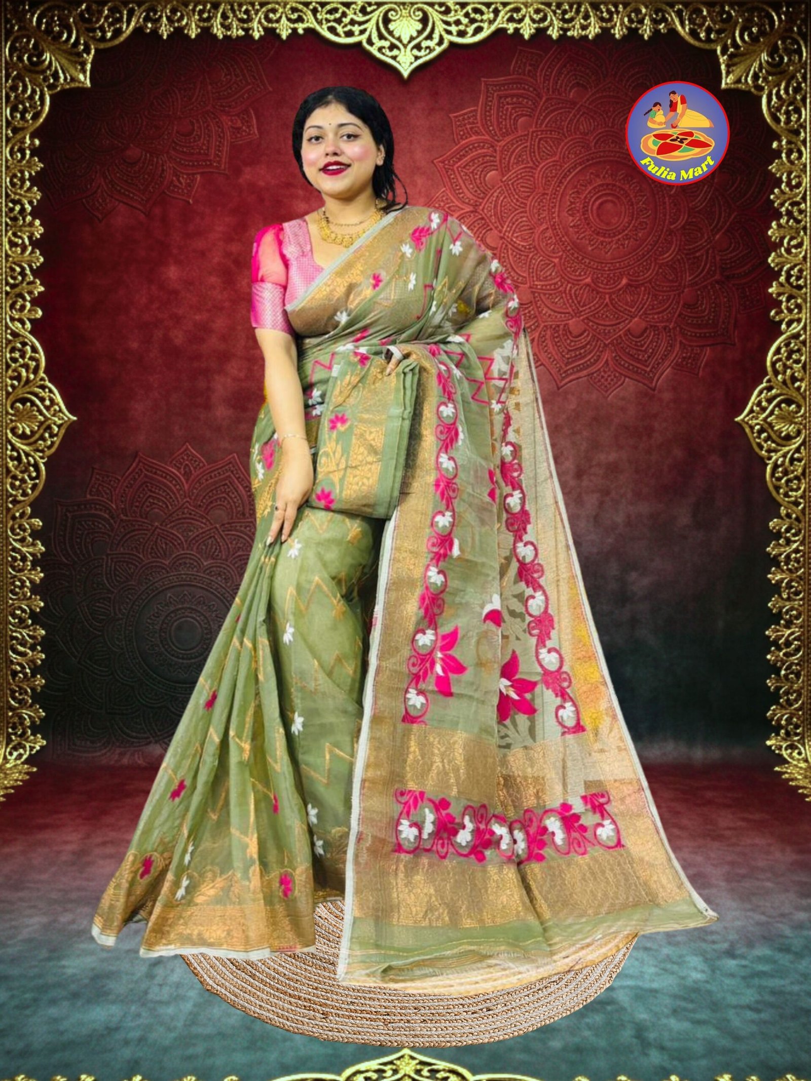 Shiuli Soft Dhakai Jamdani Sari with Blouse Piece - Greenish Grey - Image 2