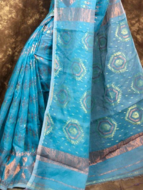 Body Mina Soft Zari Work Jamdani Sari with Blouse Piece - Hippie Blue