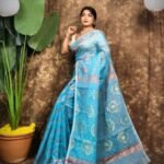 Body Mina Soft Zari Work Jamdani Sari with Blouse Piece - Hippie Blue