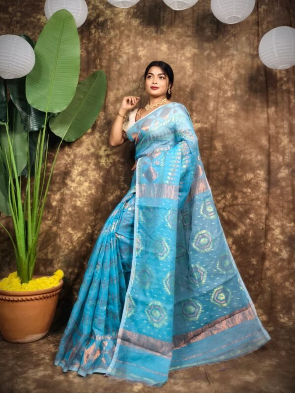 Body Mina Soft Zari Work Jamdani Sari with Blouse Piece - Hippie Blue