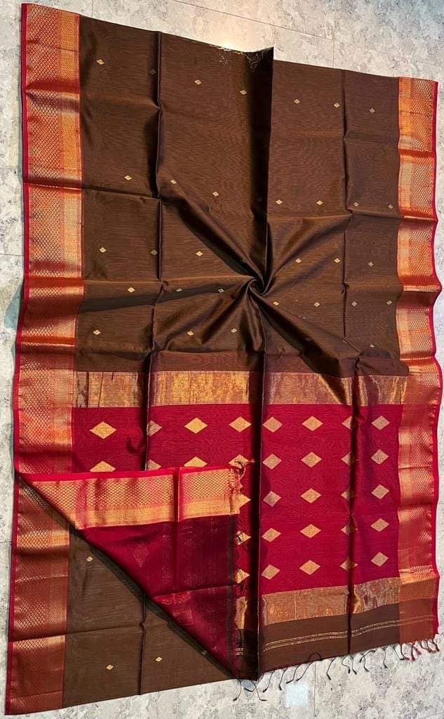 Maheshwari Design Handloom Cotton Silk Sari with Blouse Piece - Irish Coffee