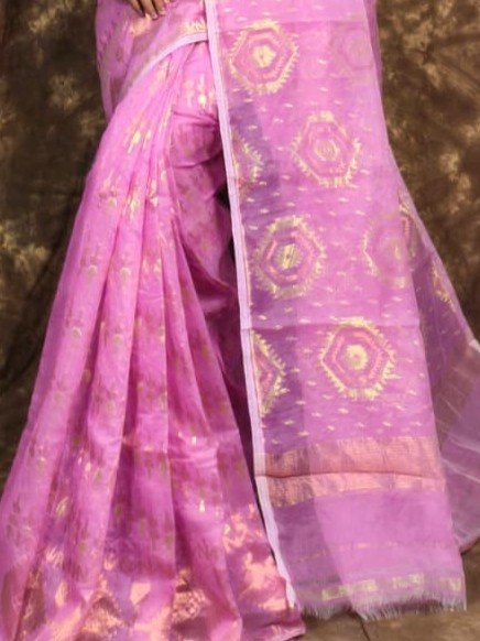 Body Mina Soft Zari Work Jamdani Sari with Blouse Piece - Lavender Pink