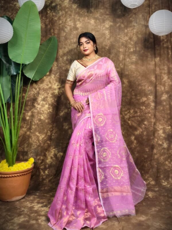 Body Mina Soft Zari Work Jamdani Sari with Blouse Piece - Lavender Pink