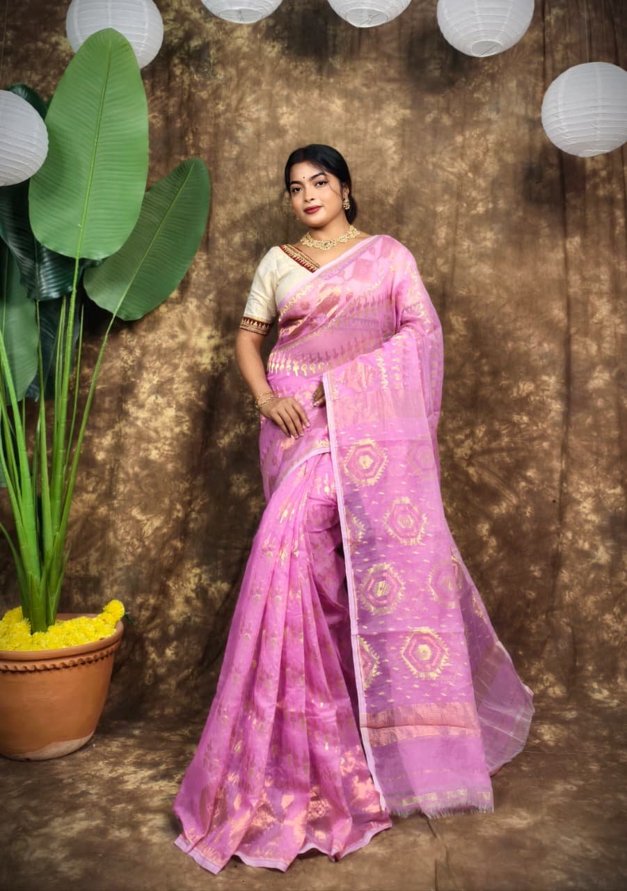 Body Mina Soft Zari Work Jamdani Sari with Blouse Piece - Lavender Pink