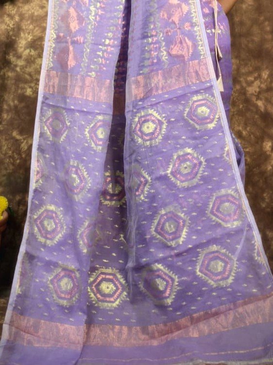 Body Mina Soft Zari Work Jamdani Sari with Blouse Piece - Lavender Purple