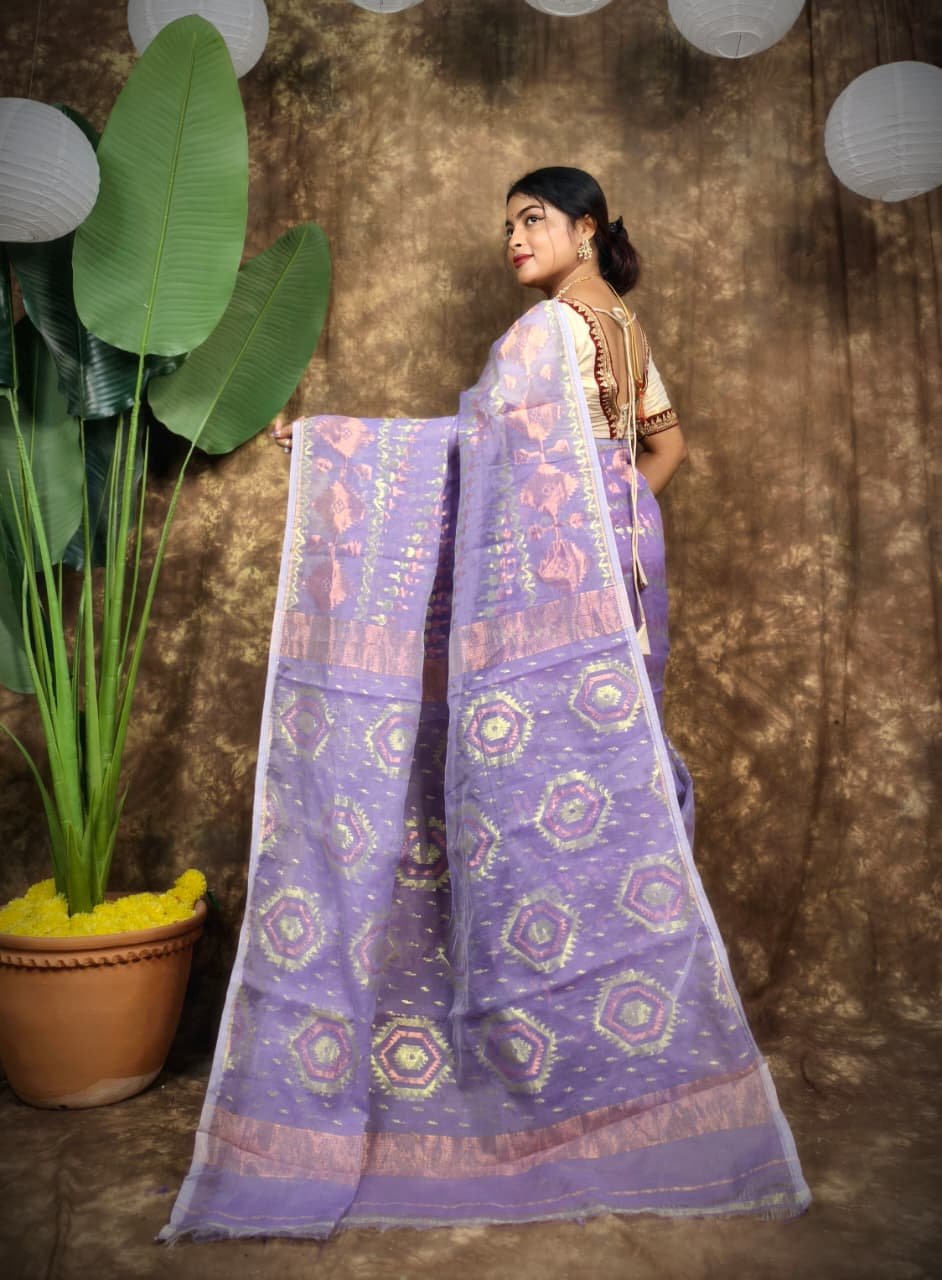 Body Mina Soft Zari Work Jamdani Sari with Blouse Piece - Lavender Purple