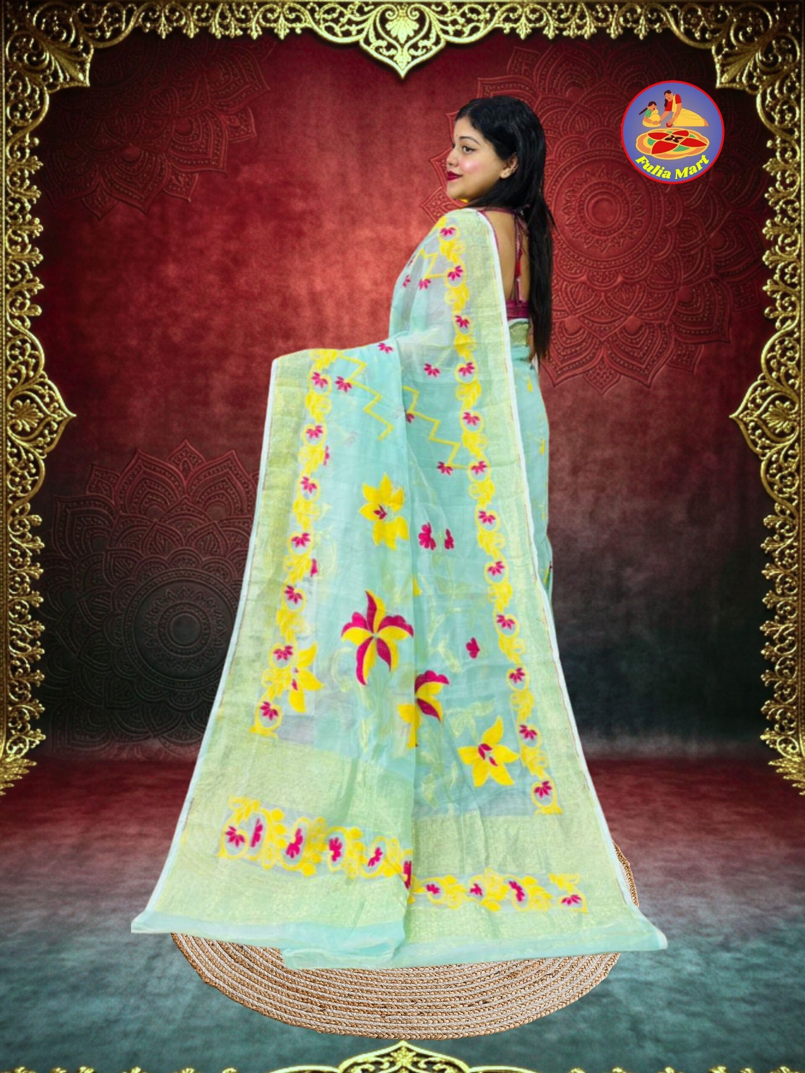 Shiuli Soft Dhakai Jamdani Sari with Blouse Piece - Blue Hosta - Image 3