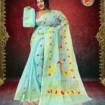Shiuli Soft Dhakai Jamdani Sari with Blouse Piece - Blue Hosta