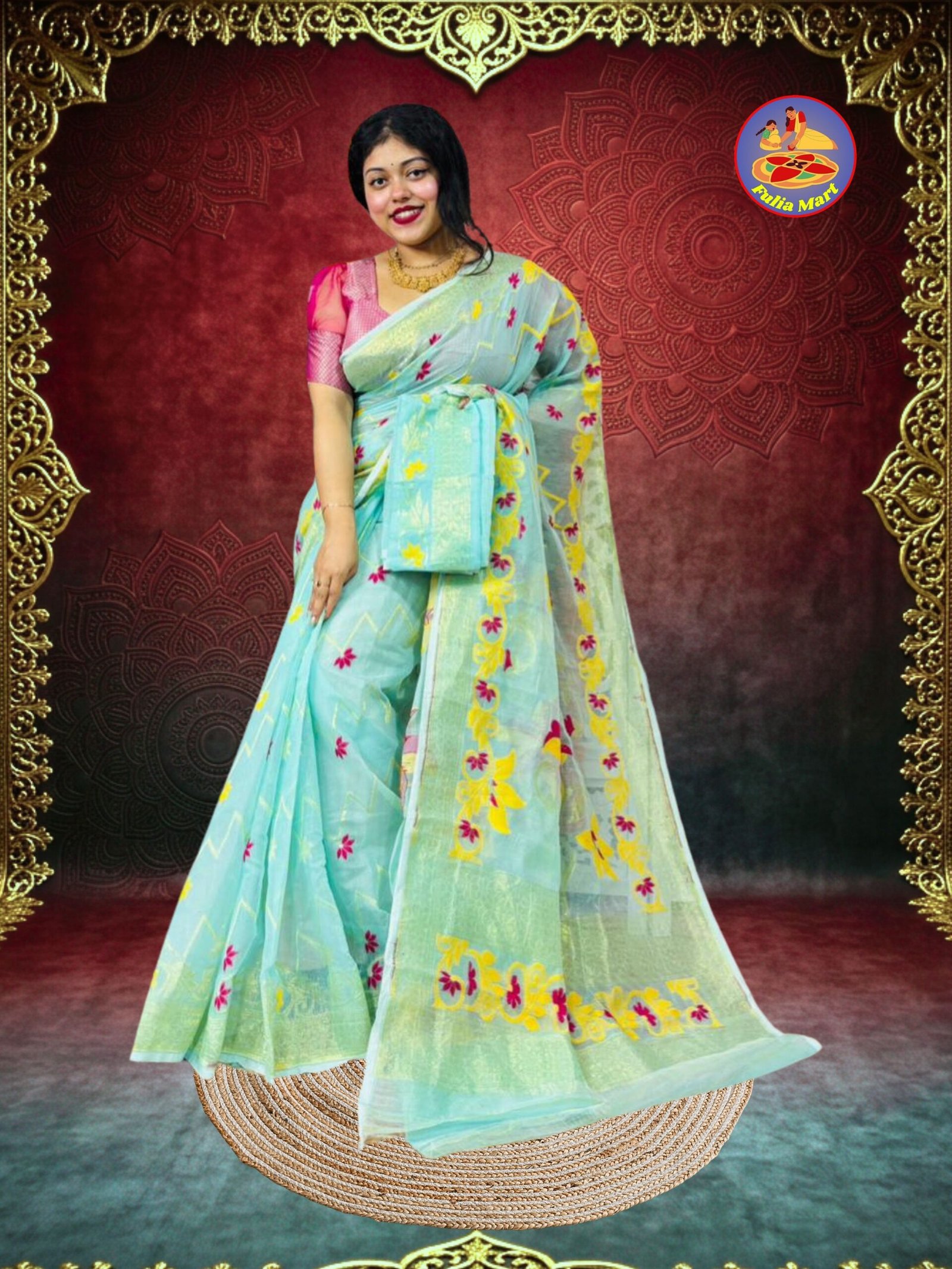 Shiuli Soft Dhakai Jamdani Sari with Blouse Piece - Blue Hosta - Image 2
