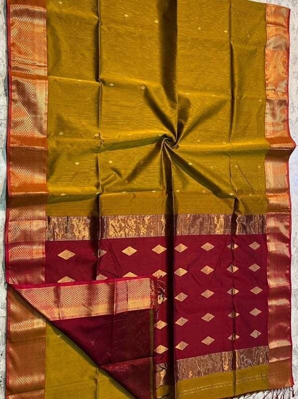 Maheshwari Design Handloom Cotton Silk Sari with Blouse Piece - Mustard Brown