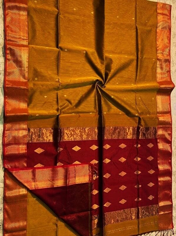 Maheshwari Design Handloom Cotton Silk Sari with Blouse Piece - Mustard Brown