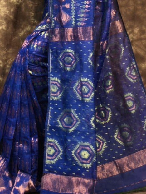 Body Mina Soft Zari Work Jamdani Sari with Blouse Piece - Navy Blue