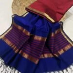 Maheshwari Design Handloom Cotton Silk Saree with Blouse Piece - Navy Blue
