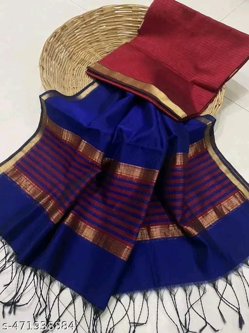 Maheshwari Design Handloom Cotton Silk Saree with Blouse Piece - Navy Blue