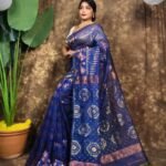 Body Mina Soft Zari Work Jamdani Sari with Blouse Piece - Navy Blue