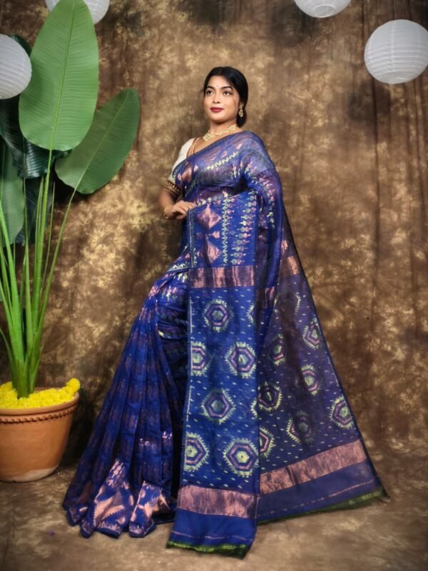 Body Mina Soft Zari Work Jamdani Sari with Blouse Piece - Navy Blue