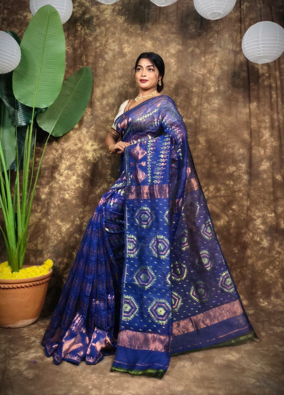 Body Mina Soft Zari Work Jamdani Sari with Blouse Piece - Navy Blue