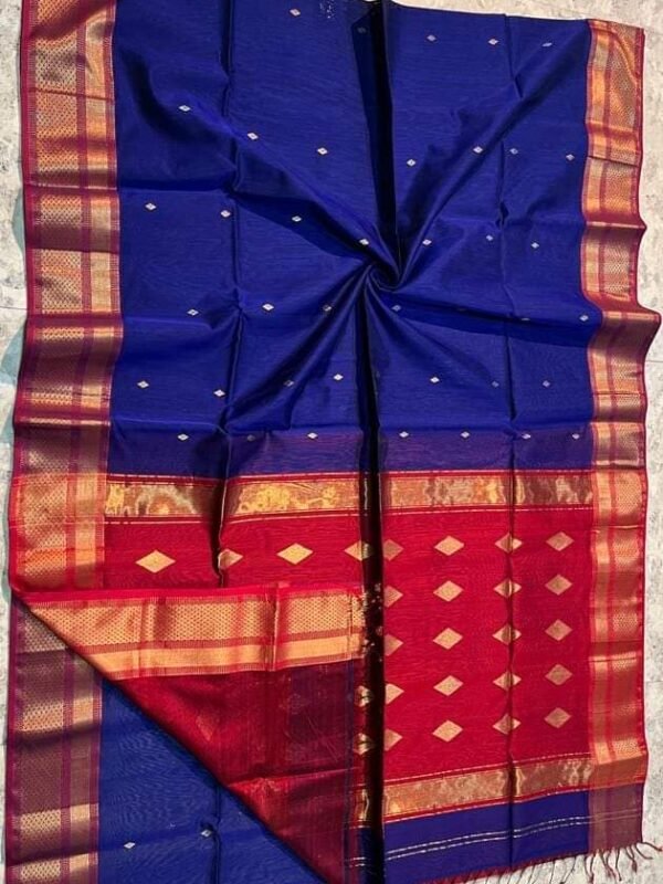 Maheshwari Design Handloom Cotton Silk Sari with Blouse Piece - Navy Blue