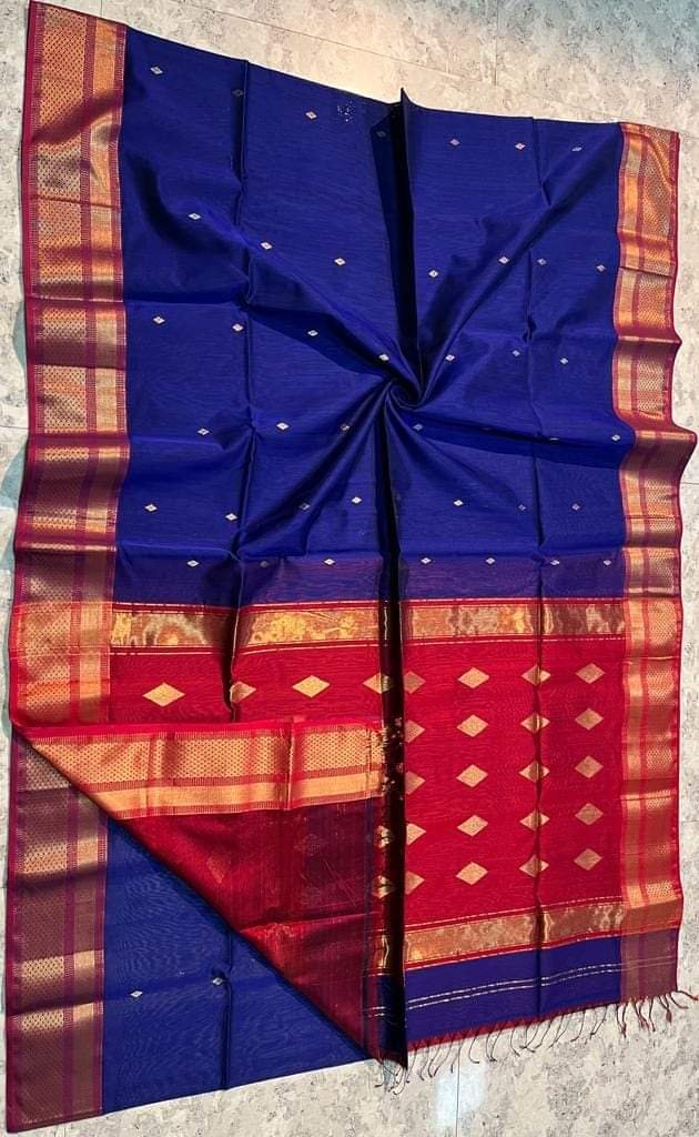Maheshwari Design Handloom Cotton Silk Sari with Blouse Piece - Navy Blue