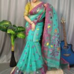 Marigold Soft Greeny Blue Dhakai Jamdani Saree
