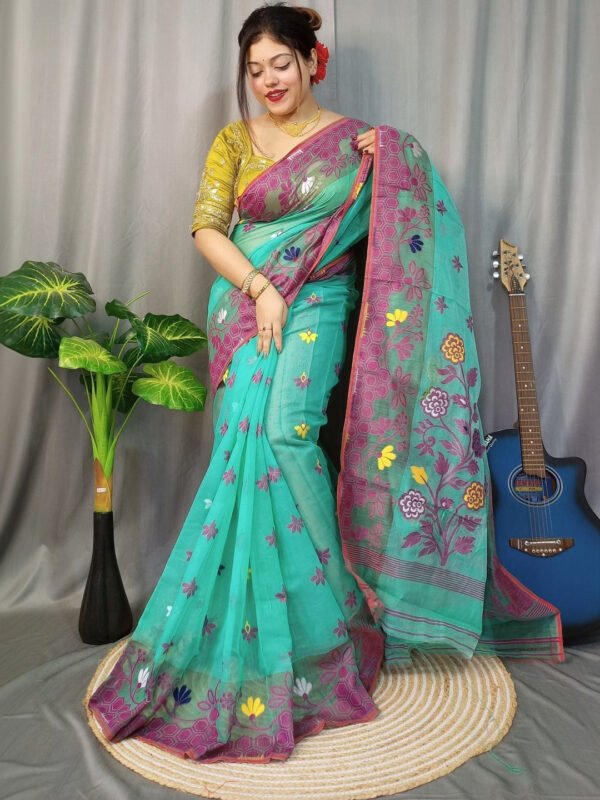 Marigold Soft Greeny Blue Dhakai Jamdani Saree