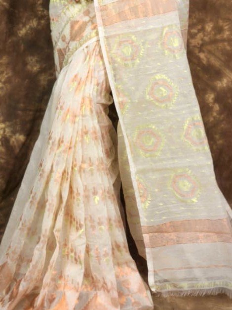 Body Mina Soft Zari Work Jamdani Sari with Blouse Piece - Off White