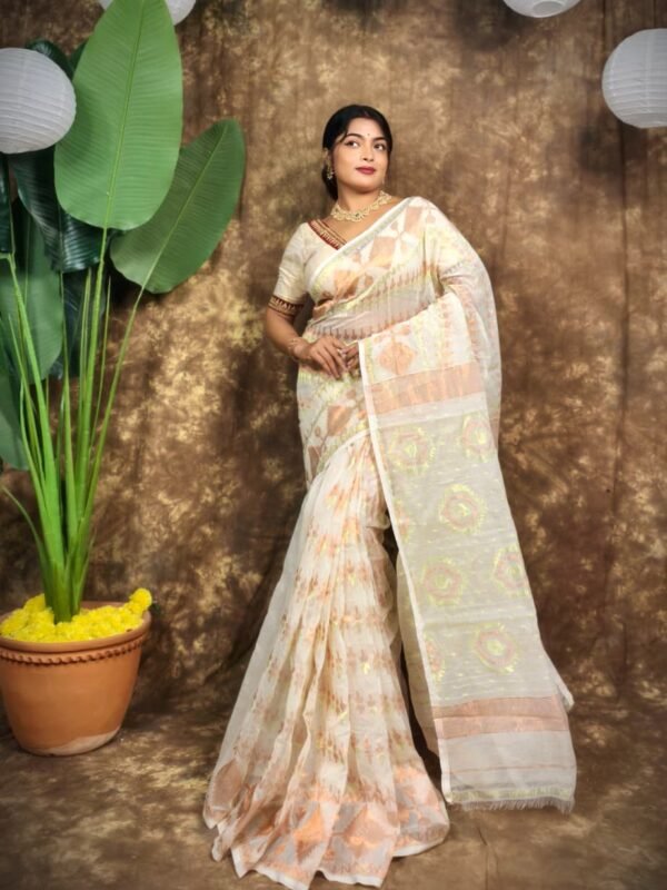 Body Mina Soft Zari Work Jamdani Sari with Blouse Piece - Off White
