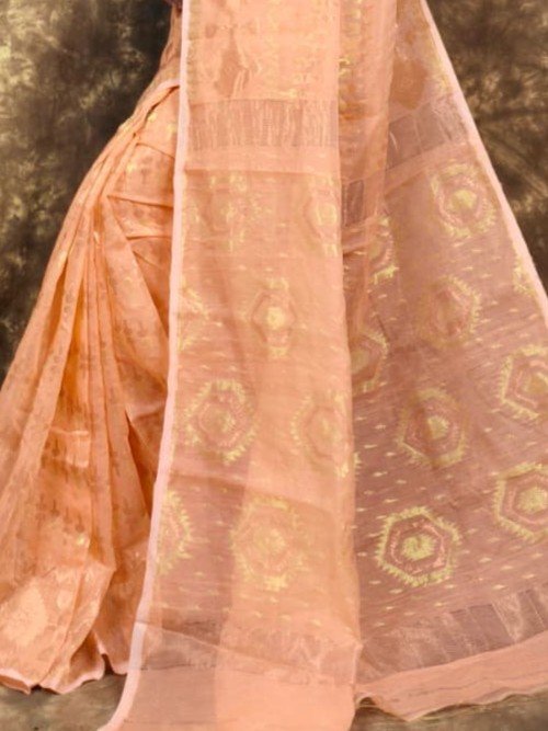 Body Mina Soft Zari Work Jamdani Sari with Blouse Piece - Persian Orange