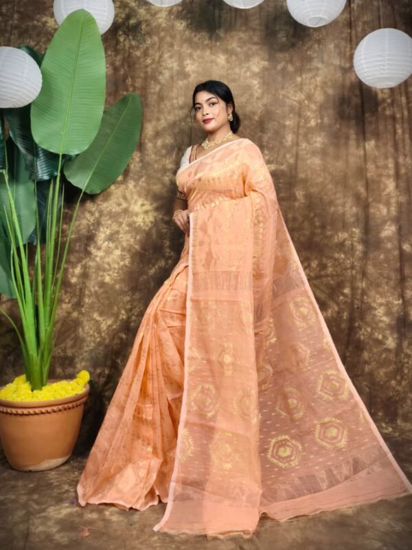 Body Mina Soft Zari Work Jamdani Sari with Blouse Piece - Persian Orange