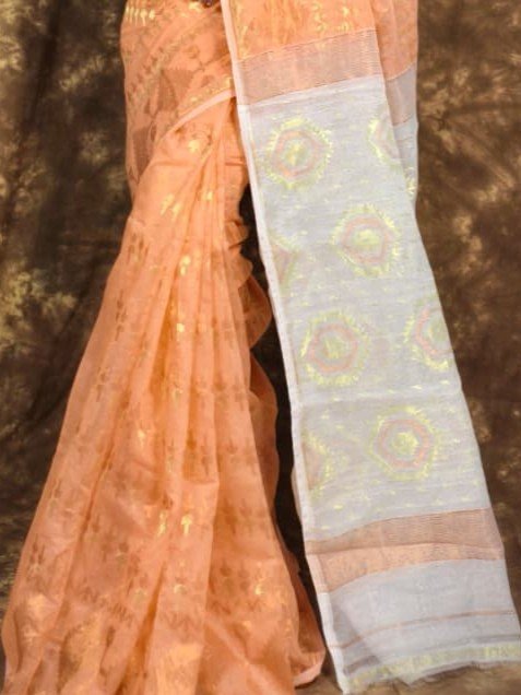 Body Mina Soft Zari Work Jamdani Sari with Blouse Piece - Persian Orange