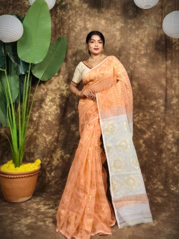 Body Mina Soft Zari Work Jamdani Sari with Blouse Piece - Persian Orange