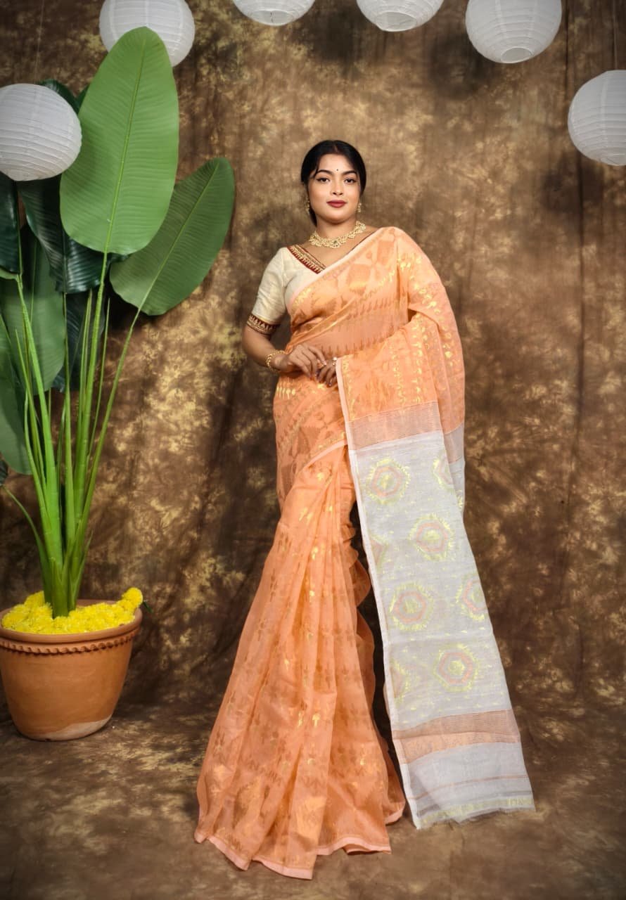 Body Mina Soft Zari Work Jamdani Sari with Blouse Piece - Persian Orange