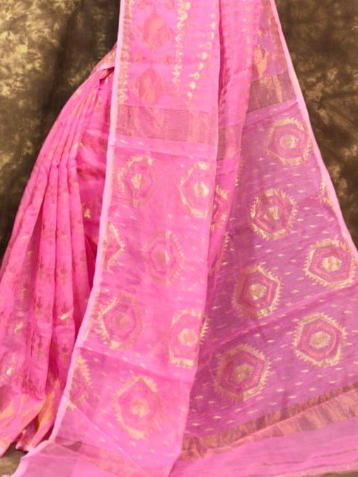 Body Mina Soft Zari Work Jamdani Sari with Blouse Piece - Persian Pink