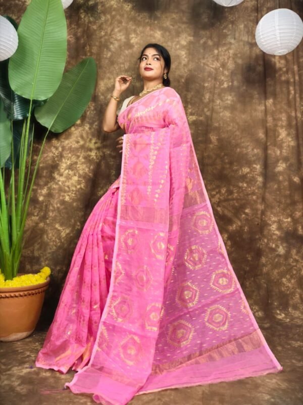 Body Mina Soft Zari Work Jamdani Sari with Blouse Piece - Persian Pink