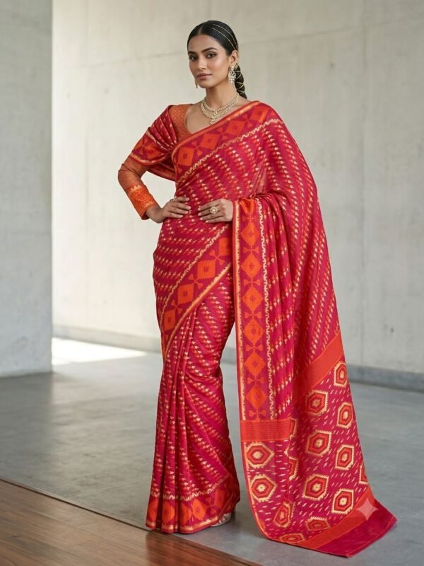 Body Mina Soft Zari Work Jamdani Sari with Blouse Piece - Pinkish Red
