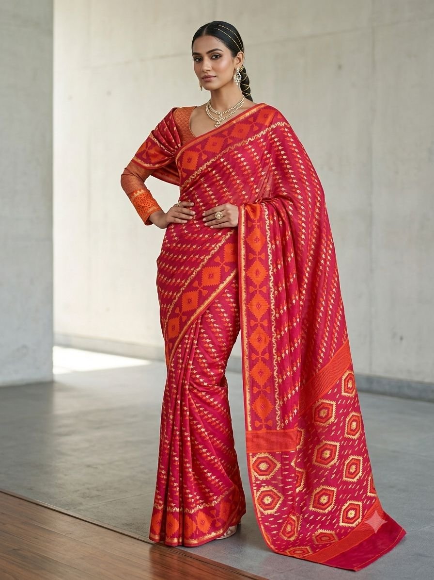 Body Mina Soft Zari Work Jamdani Sari with Blouse Piece - Pinkish Red