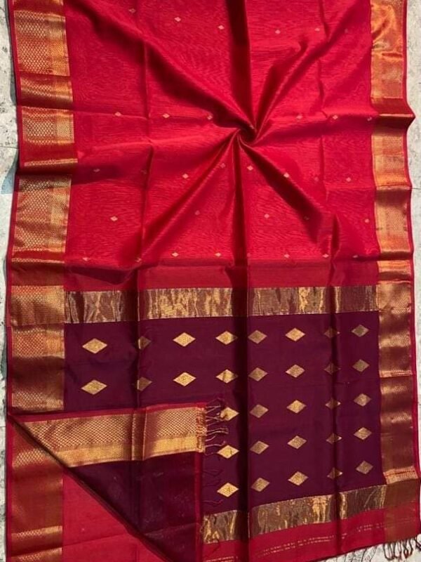 Maheshwari Design Handloom Cotton Silk Sari with Blouse Piece - Pinkish Red