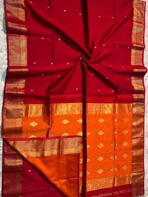 Maheshwari Design Handloom Cotton Silk Sari with Blouse Piece - Red